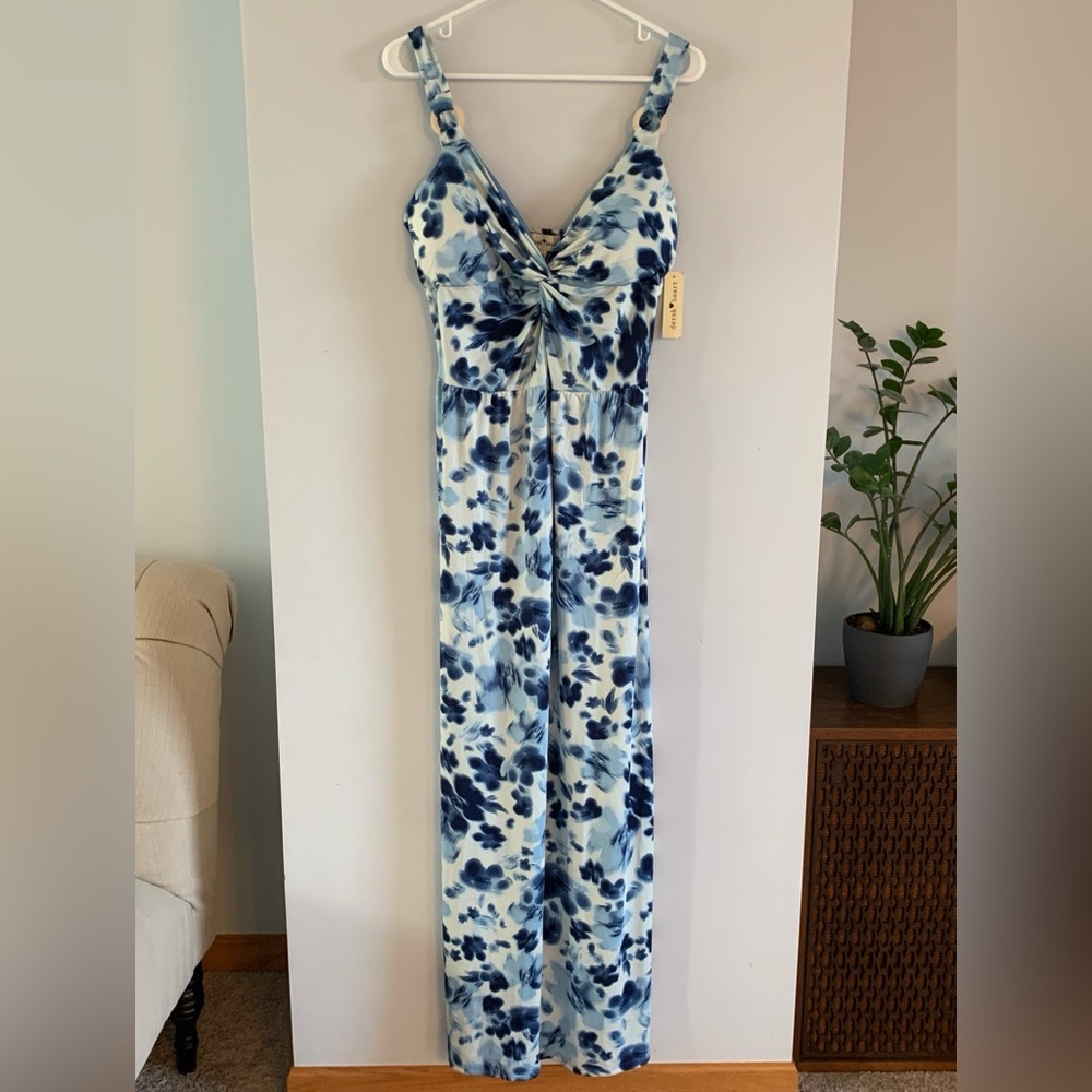 Floral Maxi Dress Sleeveless Ruched V Neck Blue White Slits Derek Heart Size XL